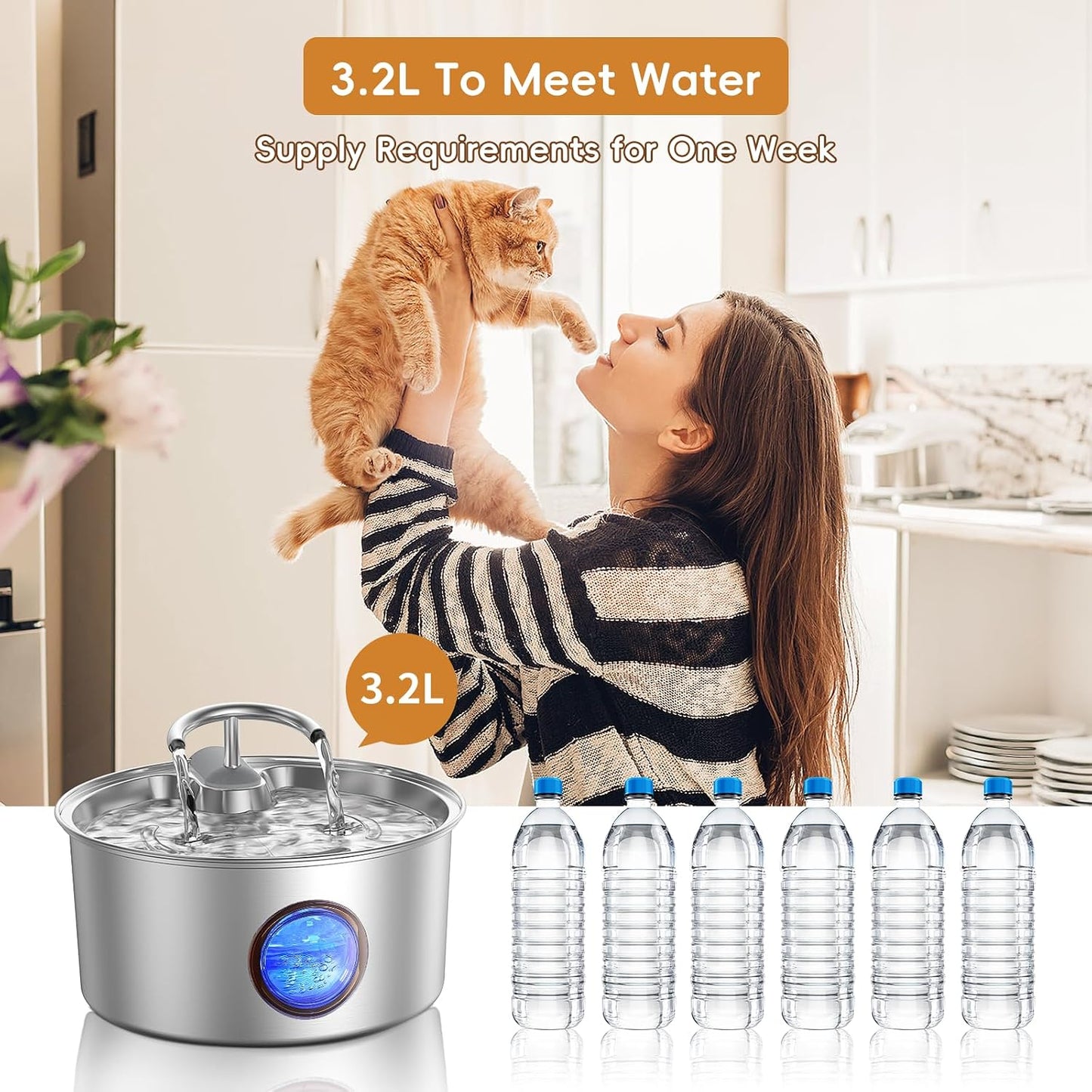 Cat Water Fountain Stainless Steel - 108Oz/3.2L Cat Fountain for Drinking,Cat Drinking Fountain with Water Level Window,Smart Pump, Filters for Cats, Dogs, Multiple Pets