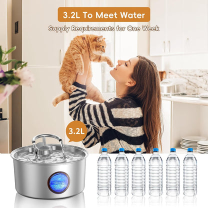 Cat Water Fountain Stainless Steel - 108Oz/3.2L Cat Fountain for Drinking,Cat Drinking Fountain with Water Level Window,Smart Pump, Filters for Cats, Dogs, Multiple Pets