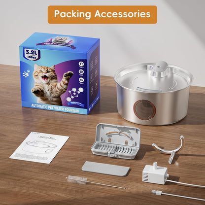 Cat Water Fountain Stainless Steel - 108Oz/3.2L Cat Fountain for Drinking,Cat Drinking Fountain with Water Level Window,Smart Pump, Filters for Cats, Dogs, Multiple Pets